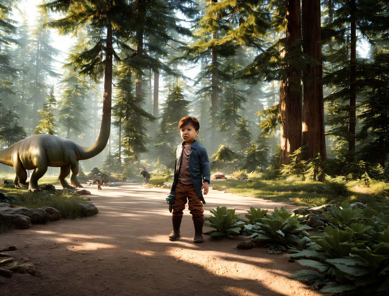 Child walking with small dinosaur and creatures in forest under sun rays