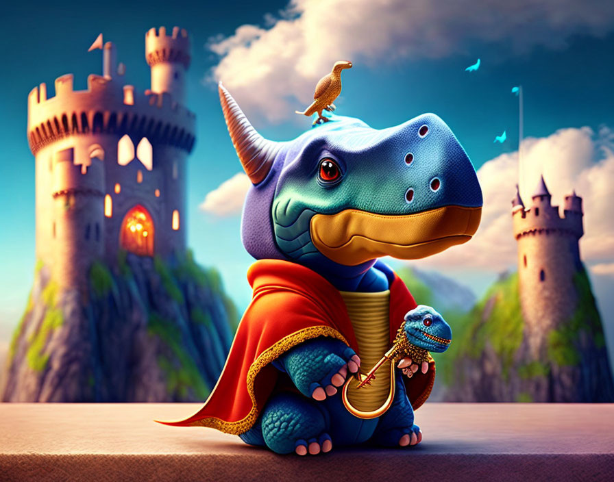 Illustration of friendly blue dragon with toy dragon in castle twilight scene