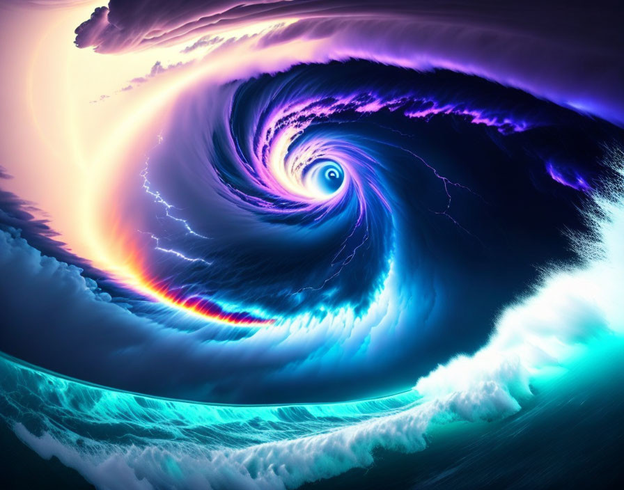 Vibrant purple, blue, and pink swirling vortex with luminescent wave