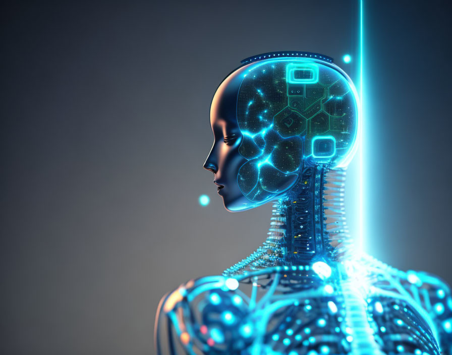 Androgynous humanoid android with brain circuitry and glowing blue dots