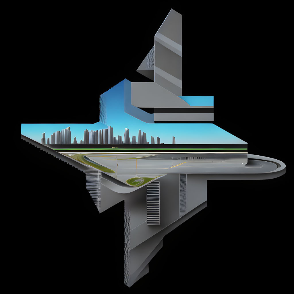 Futuristic Building Design with City Skyline, Green Spaces, and Transportation