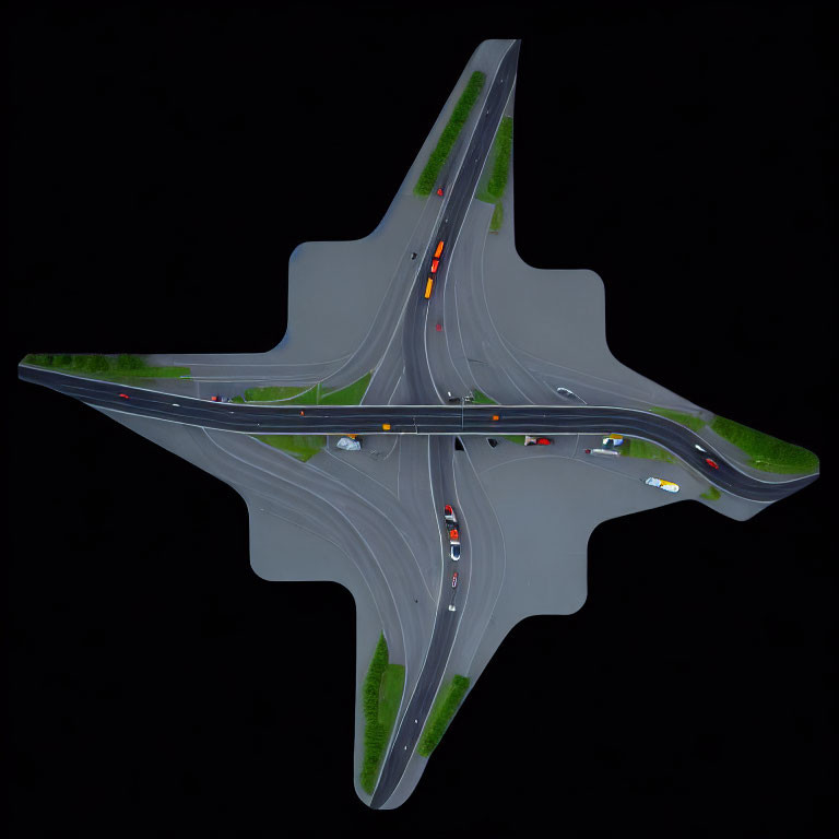 Symmetrical Leaf-Shaped Highway Intersection with Cars at Night