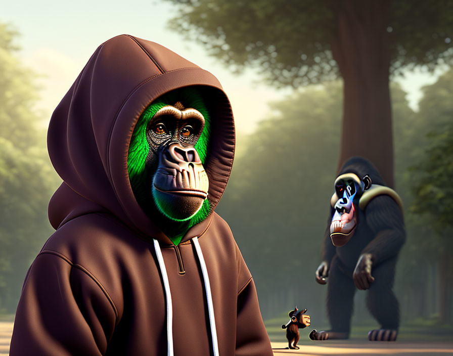 Stylized gorilla in hoodie with pensive look, second gorilla and small dog in mist