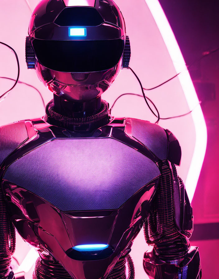 Futuristic robot with black helmet and neon pink light