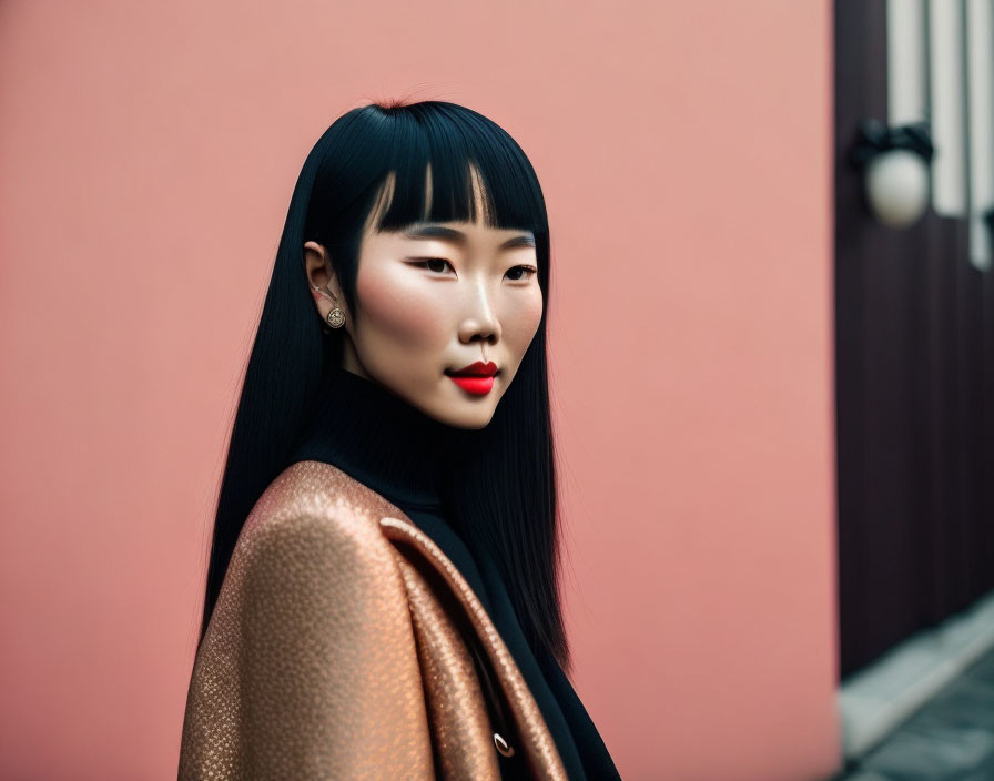 Poised woman with black hair, red lipstick, gold jacket on pink backdrop