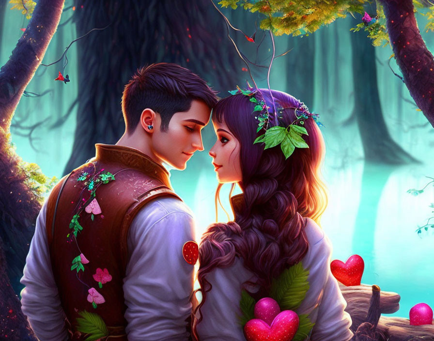 Illustrated couple in enchanted forest with glowing lights and heart-shaped blossoms