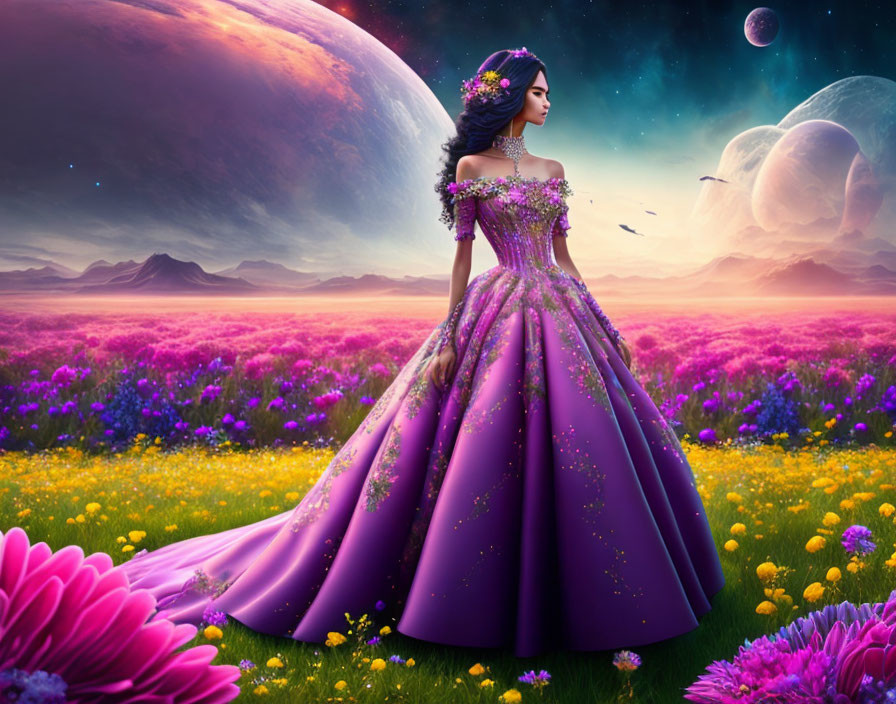 Woman in Purple Star Gown in Surreal Meadow with Giant Planets