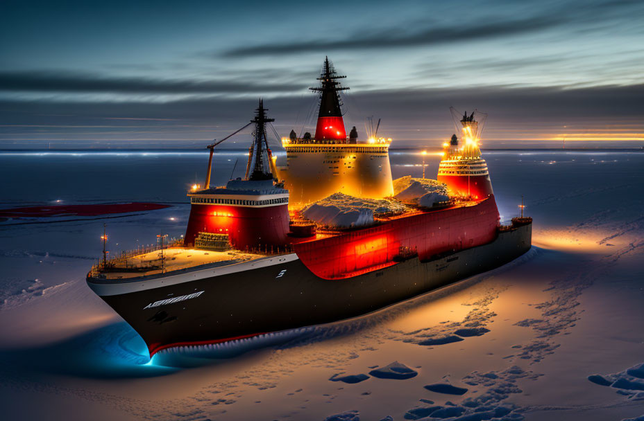 Icebreaker ship sailing through icy waters at twilight