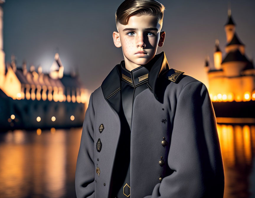 Young boy in military coat against twilight backdrop with castle towers.