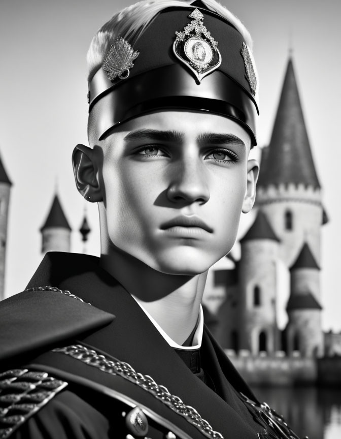 Monochrome photo: Young person in ceremonial uniform with cap, ornate details, castle backdrop