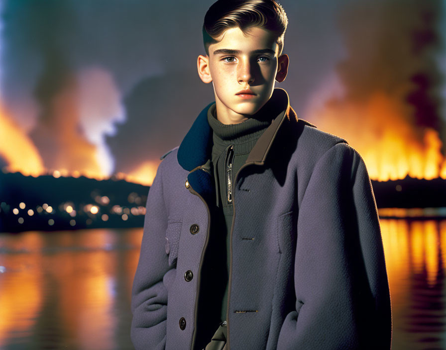 Young male with slicked hair in coat against fiery sunset backdrop.