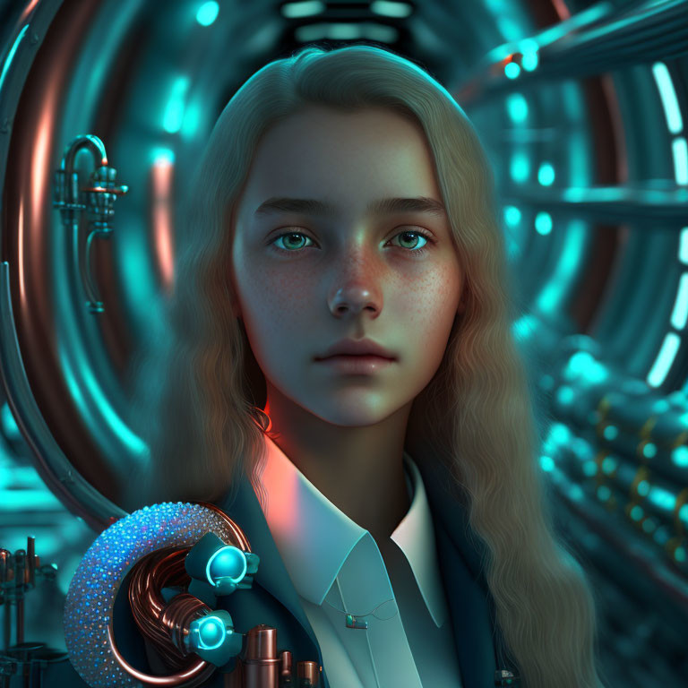 Blonde-haired figure in formal attire in futuristic blue-lit tunnel