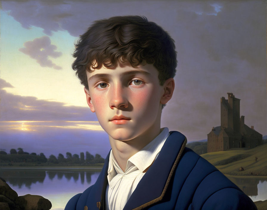 Young boy with curly hair in blue jacket against castle and sunset