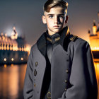 Young man in military uniform with blond hair in front of twilight castle