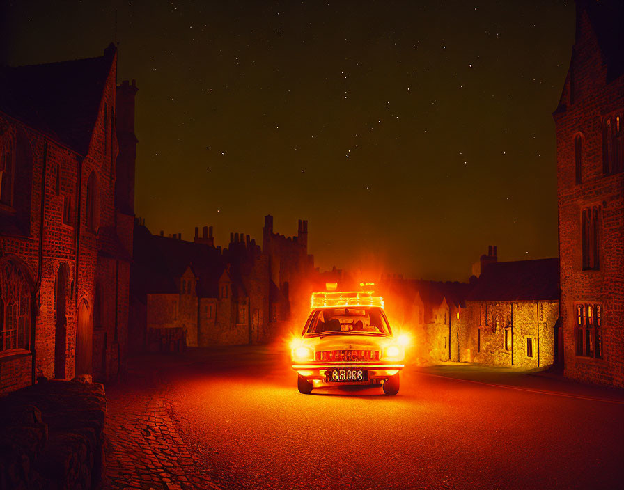 Vintage car with roof lights illuminating dark street in quaint old town under starry sky