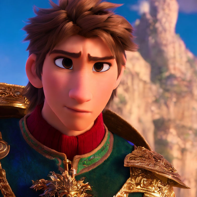 Animated male character with brown hair in royal outfit smiling slightly