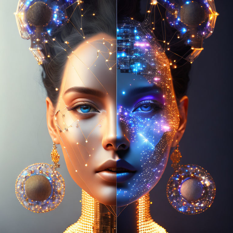 Split image of woman: natural face vs. starry digital cosmos