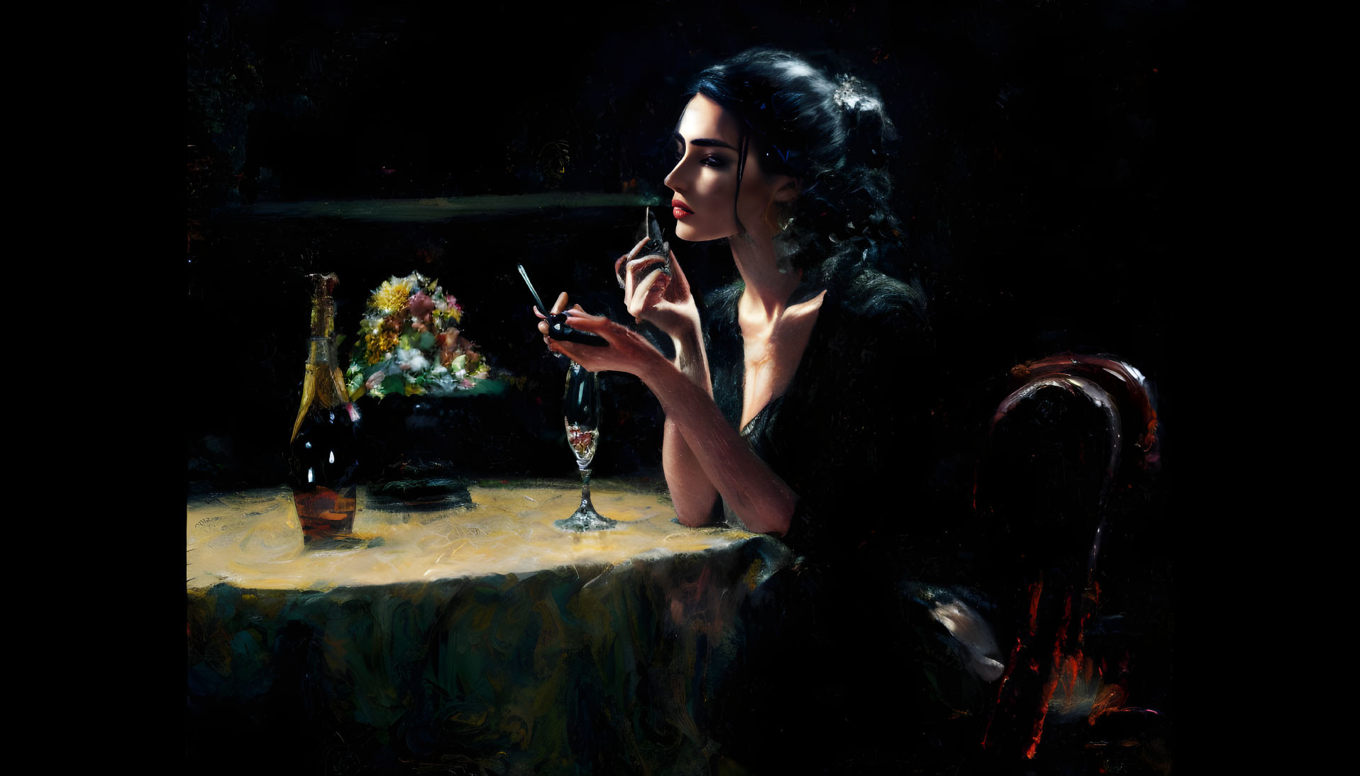 Woman sitting at dimly lit table with cigarette, wine glass, and flowers evokes moody atmosphere