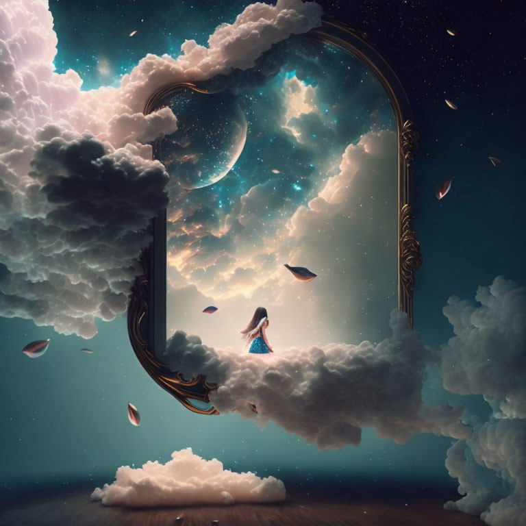 Person standing on clouds under starry sky with crescent moon and floating leaves in surreal frame.