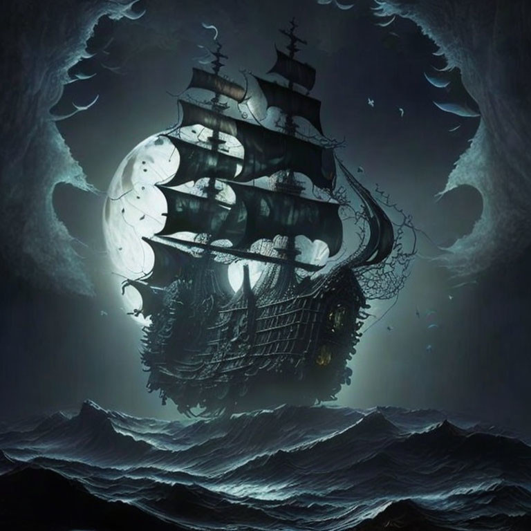 Ghostly pirate ship sails under full moon with dark clouds and flying crows