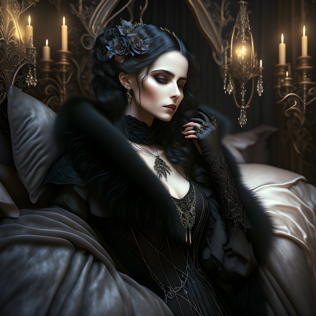 Luxurious Gothic woman in dark room with candles, black dress, lace, and elegant jewelry.