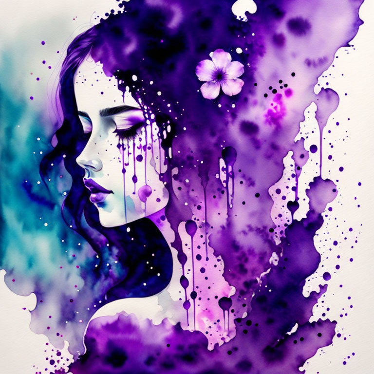 Vivid Watercolor Illustration of Woman's Profile with Purple Hues