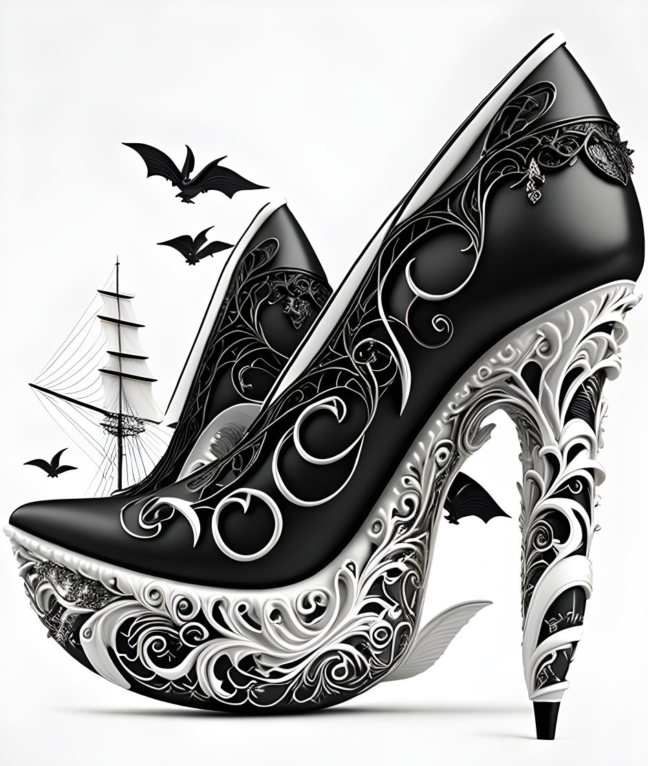 Intricate Black and White Floral Pattern High-Heeled Shoes