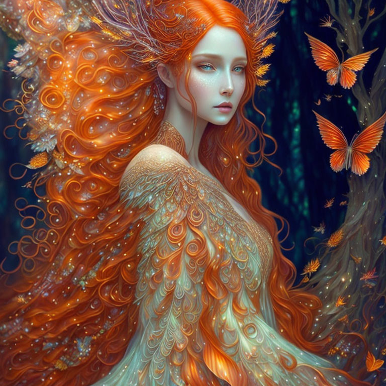 Ethereal female figure with red hair in feather-like attire, surrounded by butterflies in mystical forest.