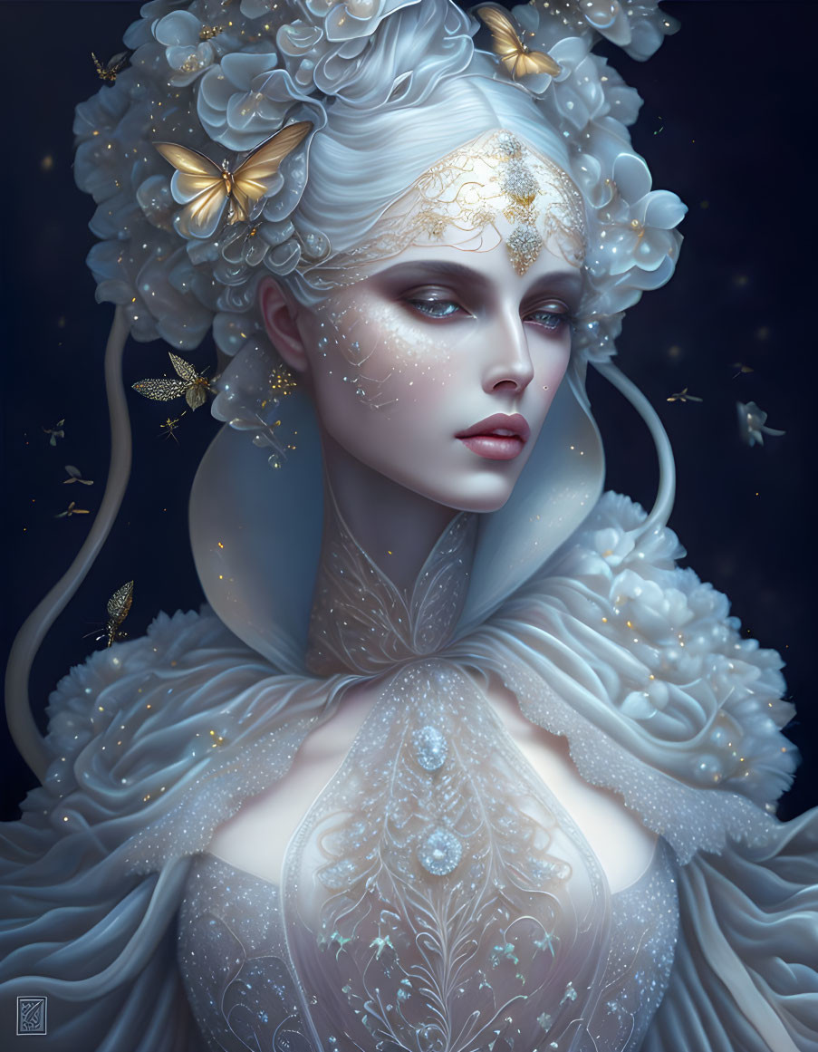 Ethereal woman in white and gold attire with butterfly motifs on starry night.