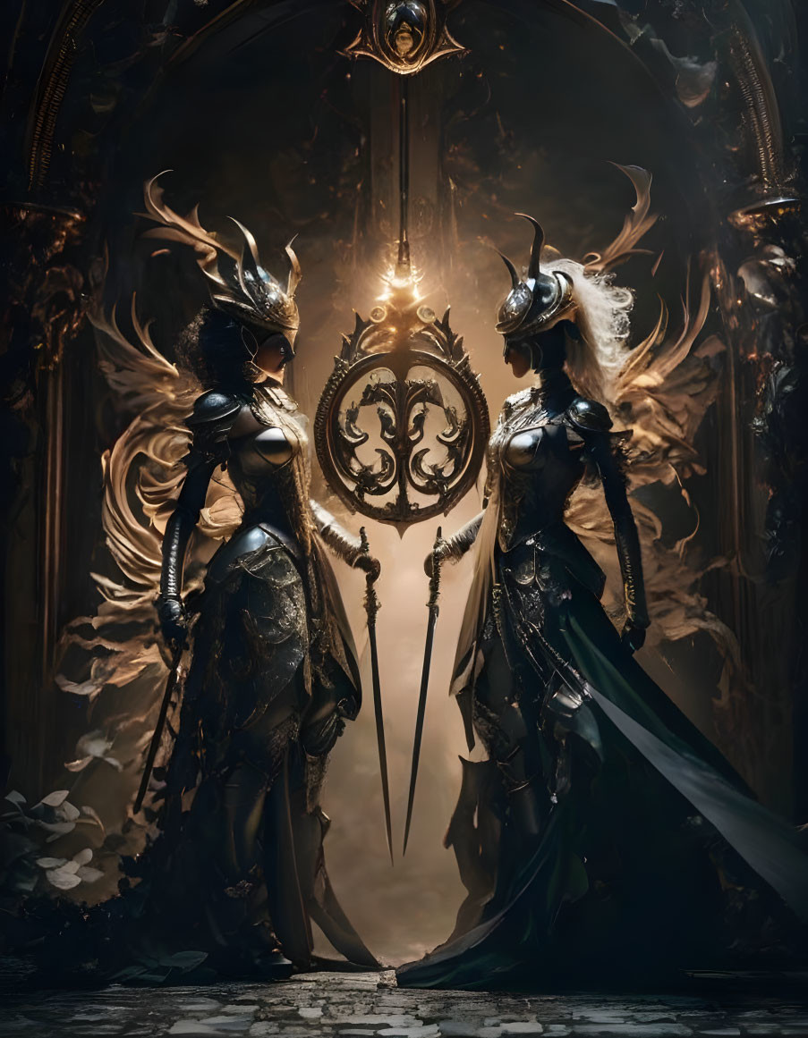 Two women in ornate fantasy armor holding spears under dramatic backlight