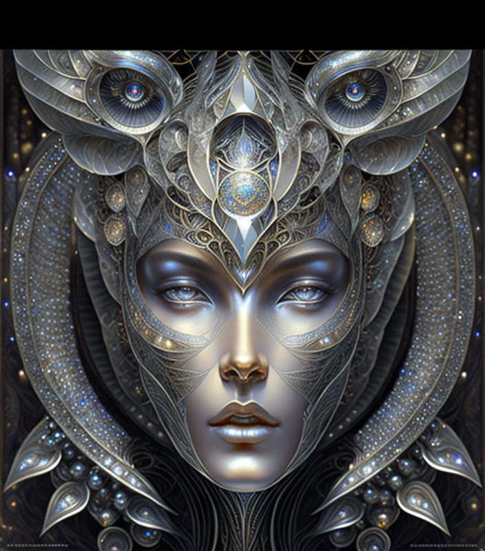 Detailed digital artwork of mystical entity with ornate headdress and multiple eyes, exuding wisdom and other