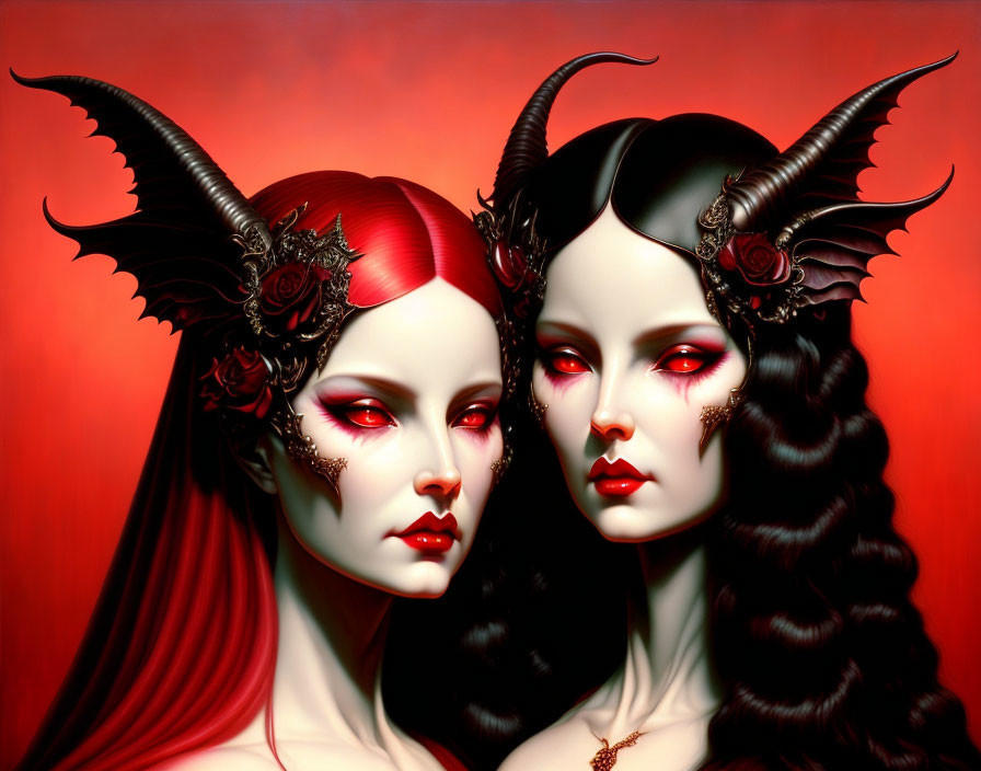 Identical female figures with horns, red eyes, and dark hair on red background