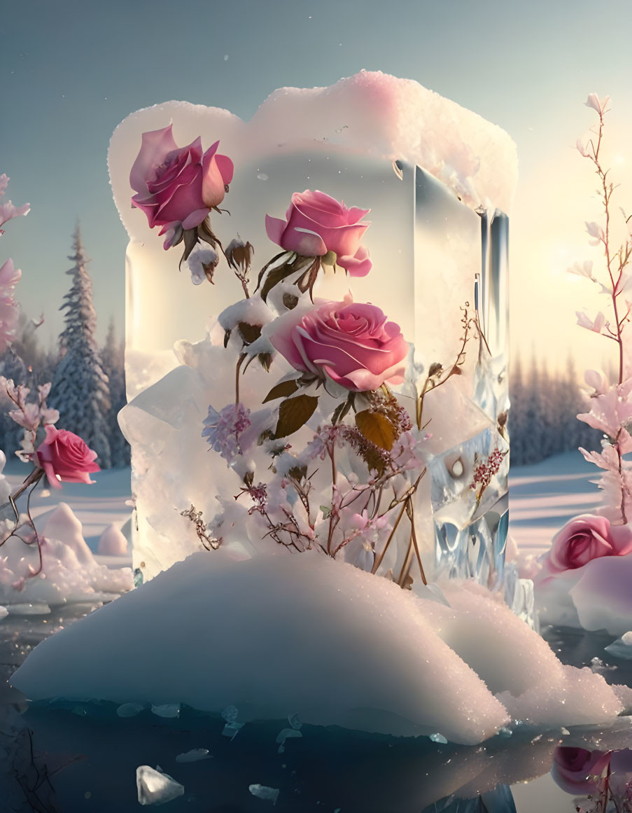 Surreal pink roses in icy structure on snowy landscape