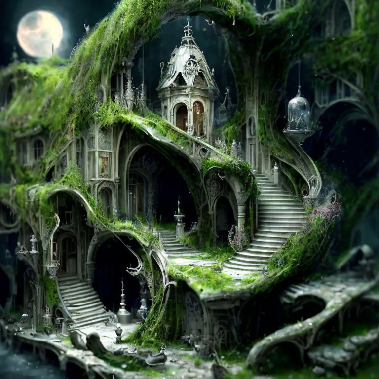 Ethereal fantasy landscape with overgrown manor and full moon