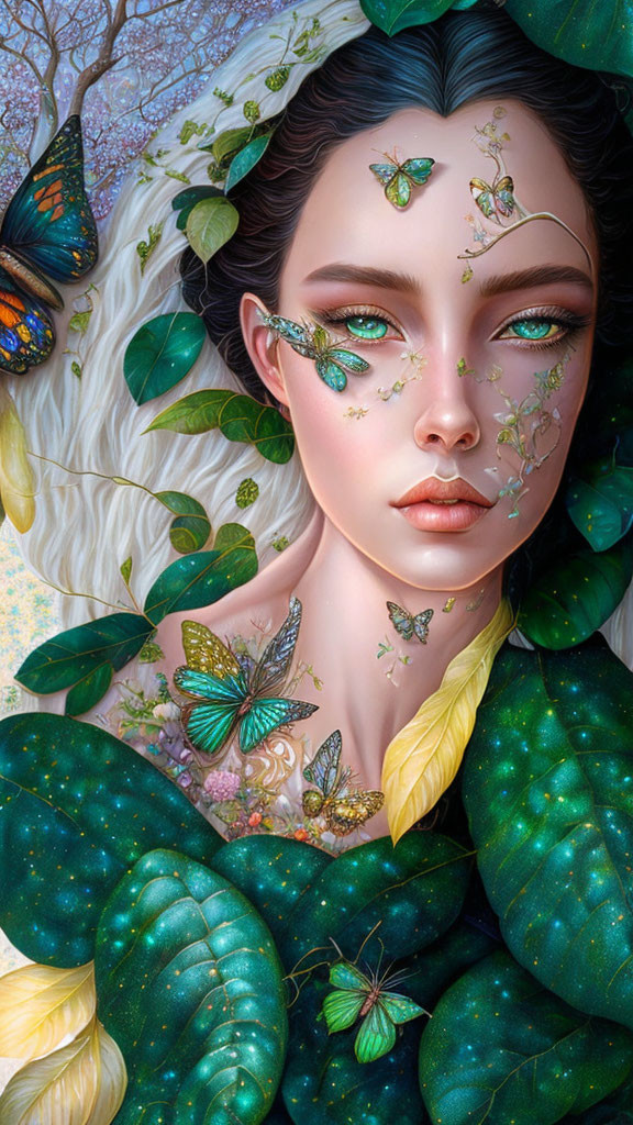 Portrait of woman adorned with butterflies and green leaves exuding fairy-like aura