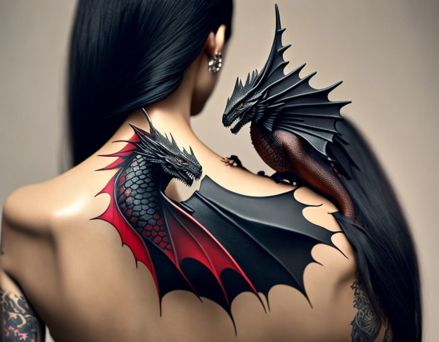 Realistic large dragon tattoo on woman's back with vivid colors