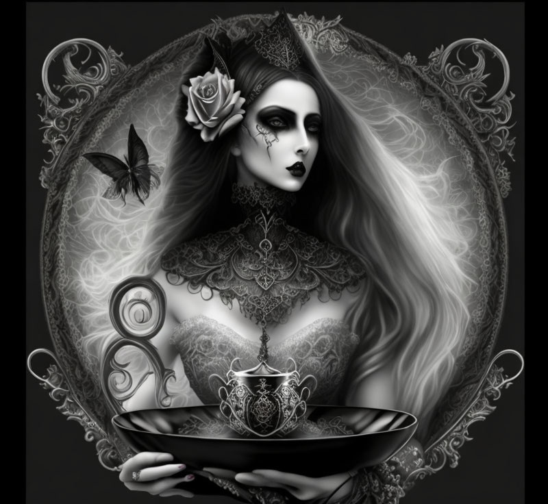 Monochromatic illustration of woman with gothic makeup and rose, holding teapot tray