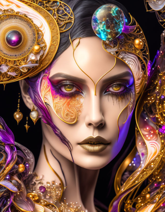 Elaborate Golden Headdress Portrait with Cosmic Orbs