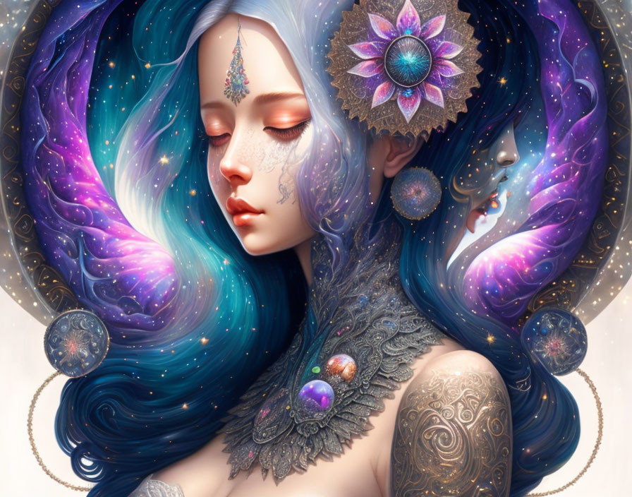 Surreal portrait of woman with galaxy hair, cosmic jewels, tattoos