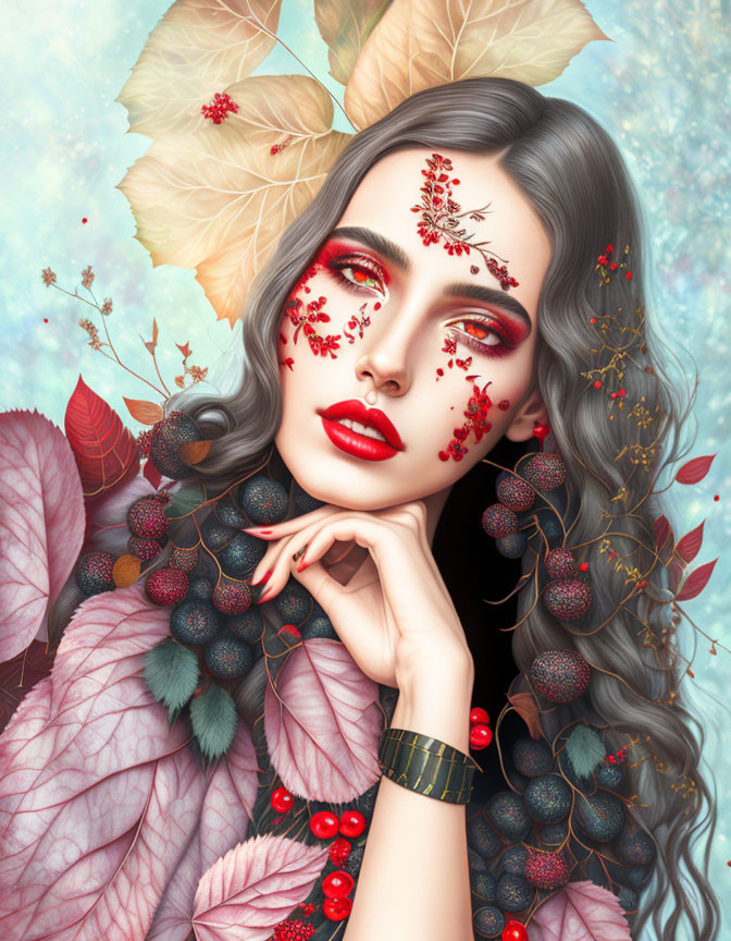 Digital artwork featuring woman with fall-themed makeup and adornments