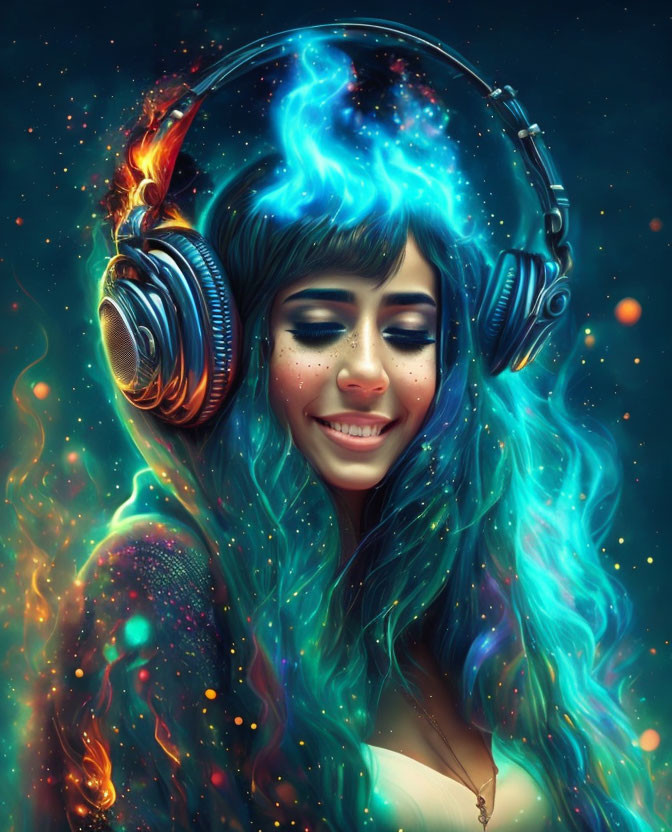 Colorful digital artwork of woman with headphones and cosmic blue hair in warm and cool tones.