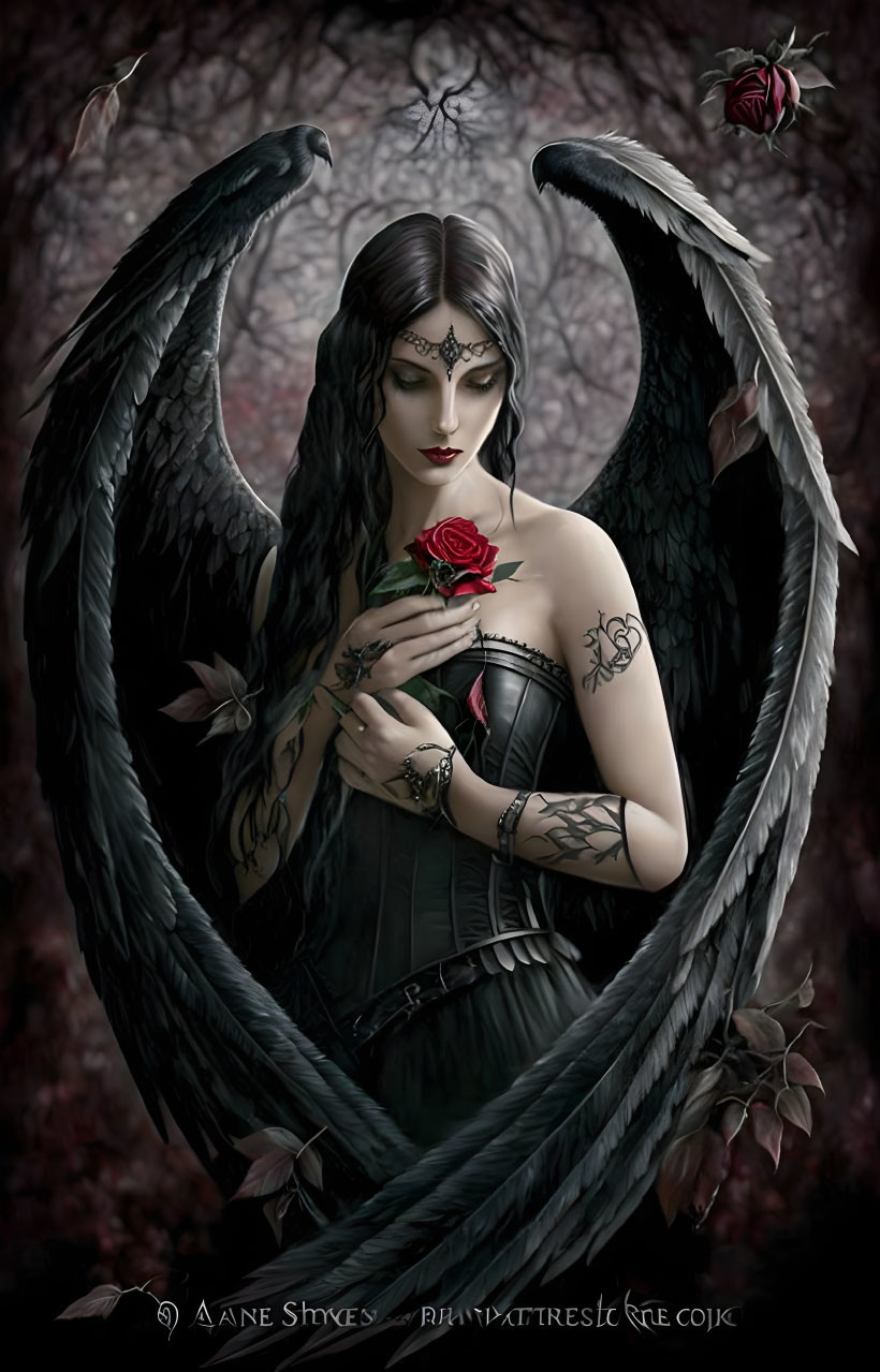 Gothic woman with dark angel wings holding a red rose in moody forest.