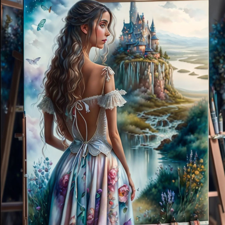 Woman admiring fantasy landscape with castle, butterflies, and lush greenery.