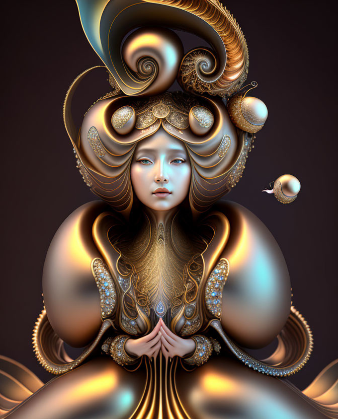 Surreal portrait of woman with ornate golden headgear and attire