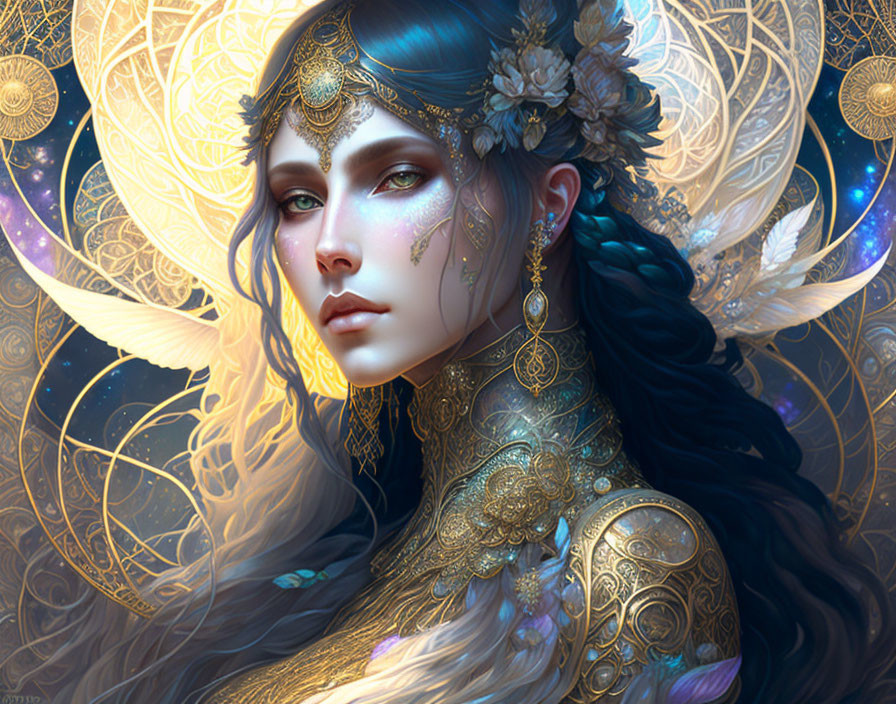 Fantasy portrait of a woman with gold jewelry, wings, tattoos, and luminescent backdrop