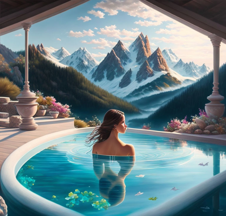 Woman relaxing in infinity pool with mountain vista and architectural framing