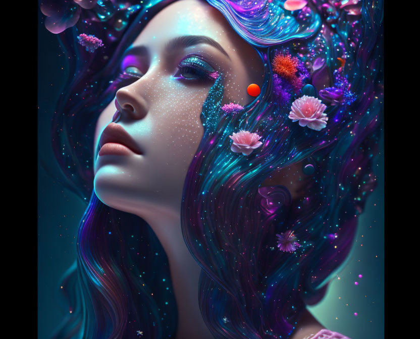 Vibrant blue hair woman in surreal underwater scene