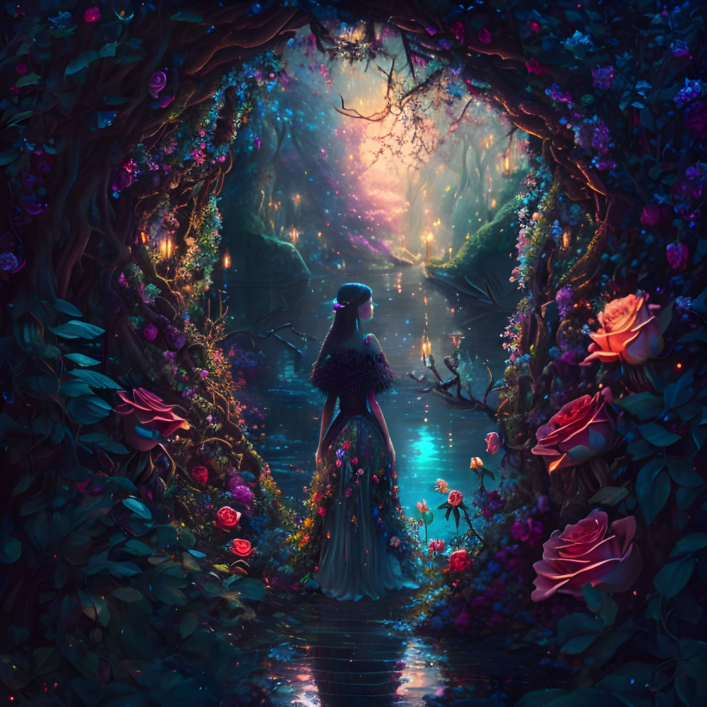 Enchanted forest pathway with woman in gown and vibrant flowers