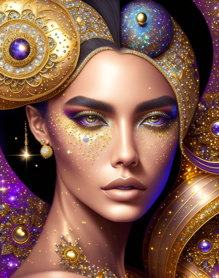 Digital artwork featuring woman in cosmic makeup & golden jewelry on starry background