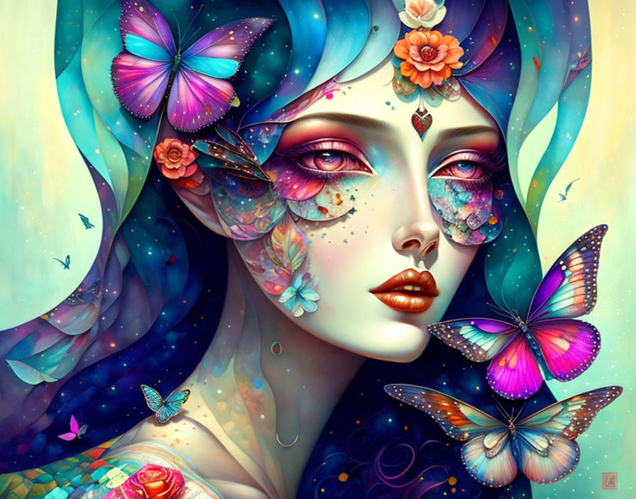 Colorful illustration of woman with blue hair, flowers, and butterflies on cosmic backdrop